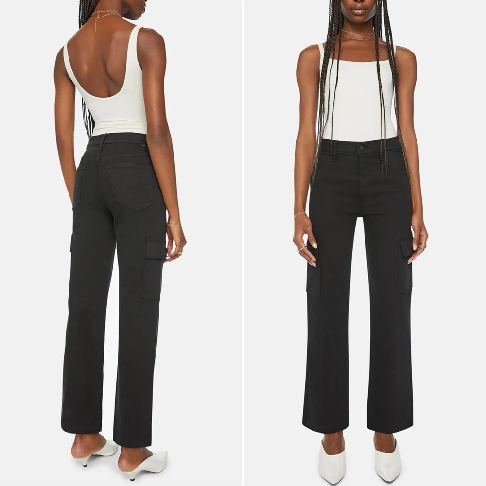 MOTHER Straight‎ Up Rambler Wide Straight Leg Cargo Jeans in Pitch Women 25 $248
